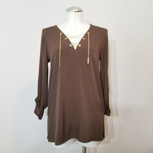 MICHAEL KORS Gold Chain Lace Up Brown Top NWOT